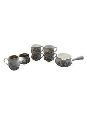Denby Vintage Retired Shamrock 7 Pieces: Gravy Boat, 4 Cups, Creamer, Sugar Bowl